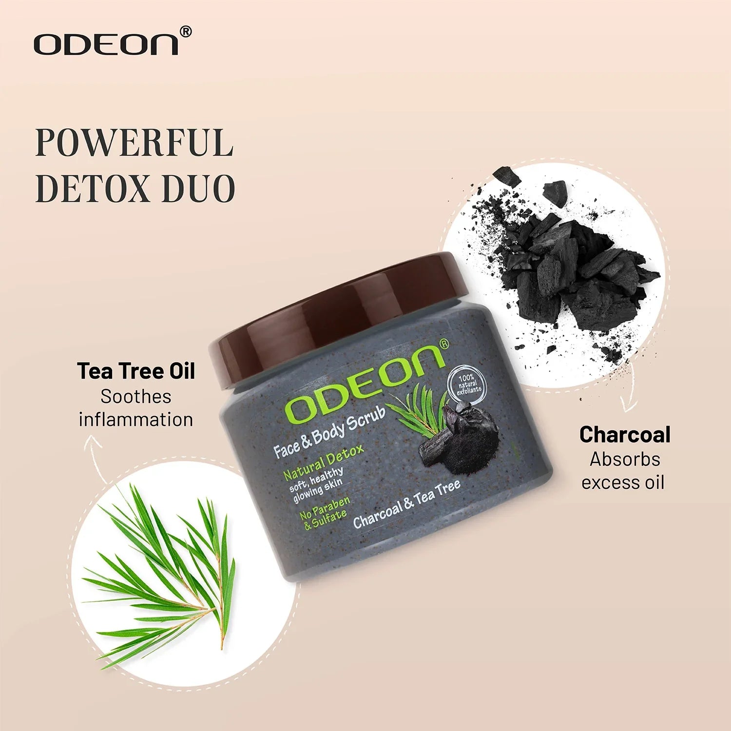 Charcoal & Tea Tree Body Scrub for Acne & Detox | Paraben-Free - Odeon