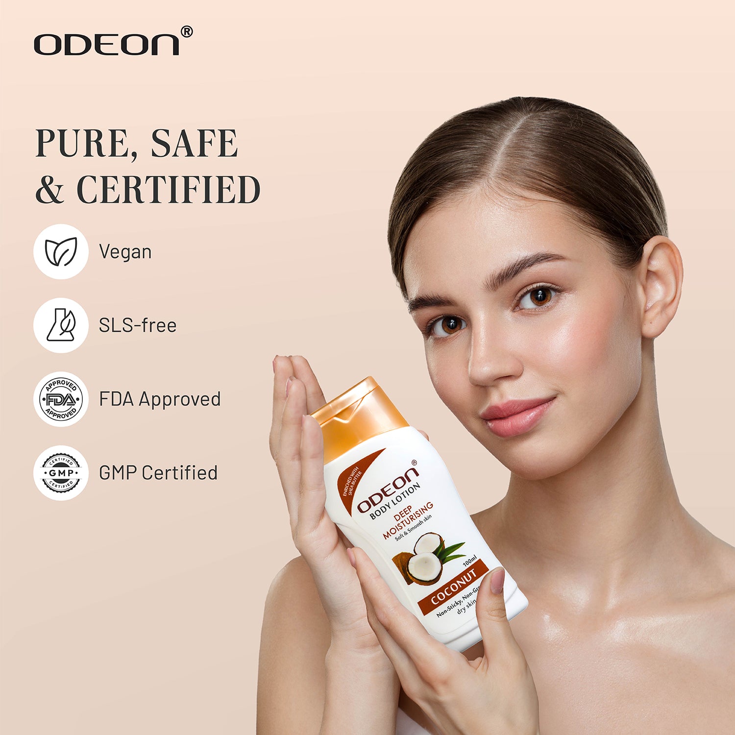 Coconut Body Lotion is Pure, Safe, Vegan, SLS-free, FDA Approved, GMP Certified