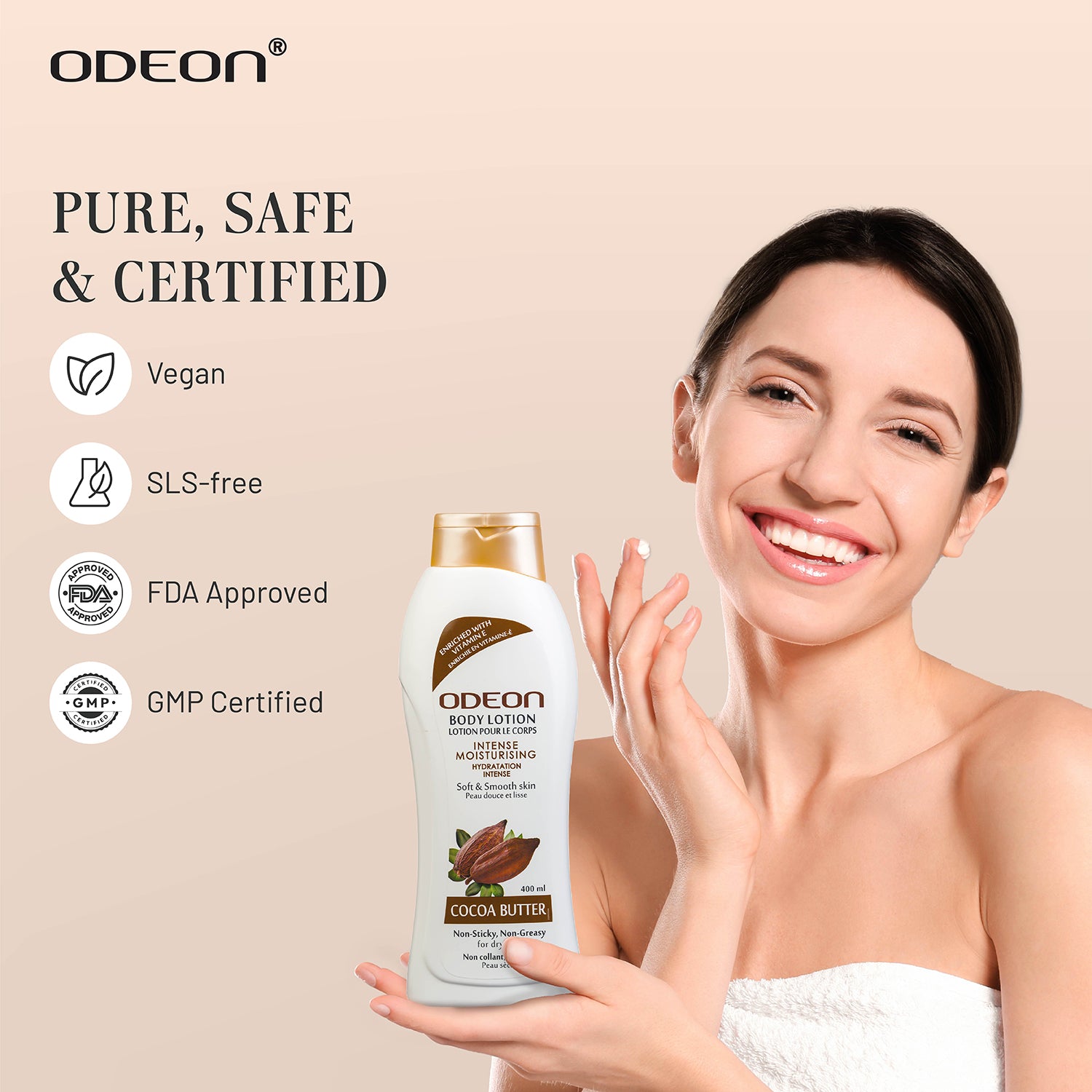 Cocoa Butter Body Lotion is Pure, Safe, Vegan, SLS-free, FDA Approved, GMP Certified