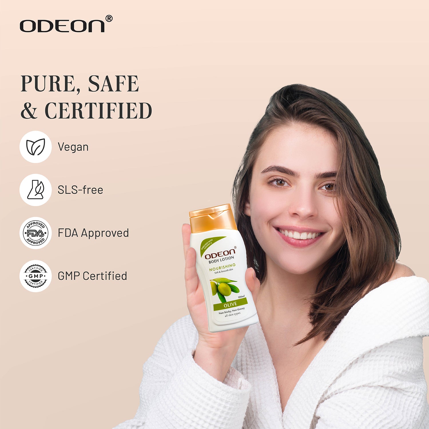 Olive Body Lotion is Pure, Safe, Vegan, SLS-free, FDA Approved, GMP Certified