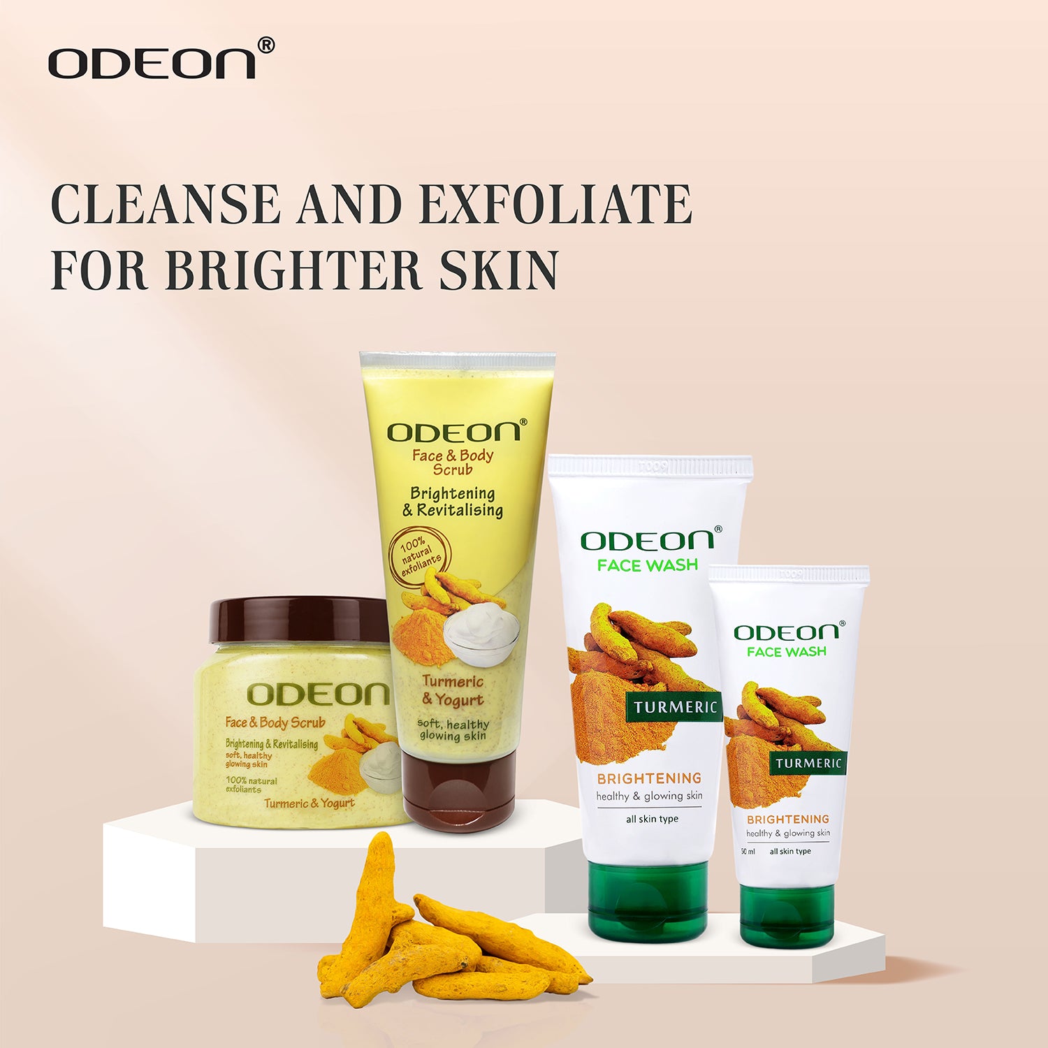 Cleanse and Exfoliate for Brighter Skin with ODEON's Turmeric & Yogurt Face & Body Scrub and  ODEON's Turmeric Face Wash