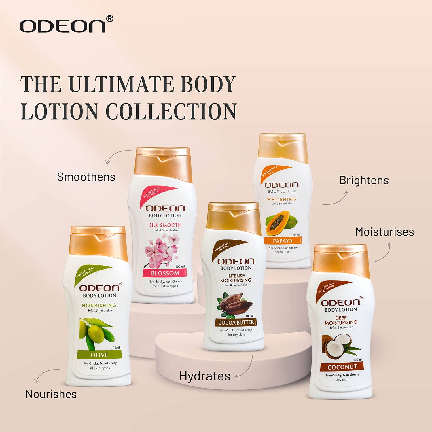 Odeon Cocoa Butter Body Lotion – Hydrates
Odeon Olive Body Lotion – Nourishes
Odeon Coconut Body Lotion – Moisturises
Odeon Papaya Body Lotion – Brightens
Odeon Blossom Body Lotion – Smoothens