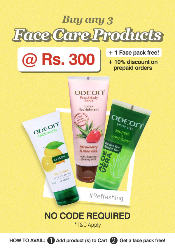 Odeon face care products with promotional offer on a yellow background